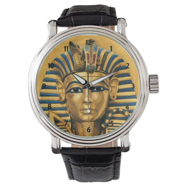 Mens King Tut Egyptian Black Leather Strap Watch (Front)