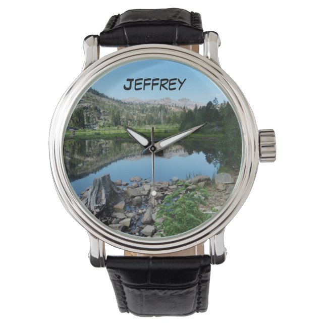 Men's Lake Reflection, Name, Scenic Wrist Watch (Front)