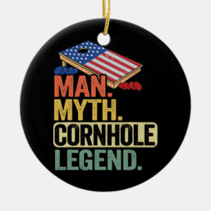 Mens Man Myth Cornhole Legend USA Flag Corn Hole Ceramic Ornament