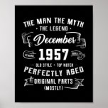 Mens Man Myth Legend December 1957 65th Birthday Poster<br><div class="desc">Mens Man Myth Legend December 1957 65th Birthday Gift 65 Years Gift. Perfect gift for your dad,  mum,  papa,  men,  women,  friend and family members on Thanksgiving Day,  Christmas Day,  Mothers Day,  Fathers Day,  4th of July,  1776 Independent day,  Veterans Day,  Halloween Day,  Patrick's Day</div>