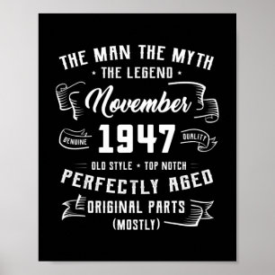 Mens Man Myth Legend November 1947 75th Birthday Poster
