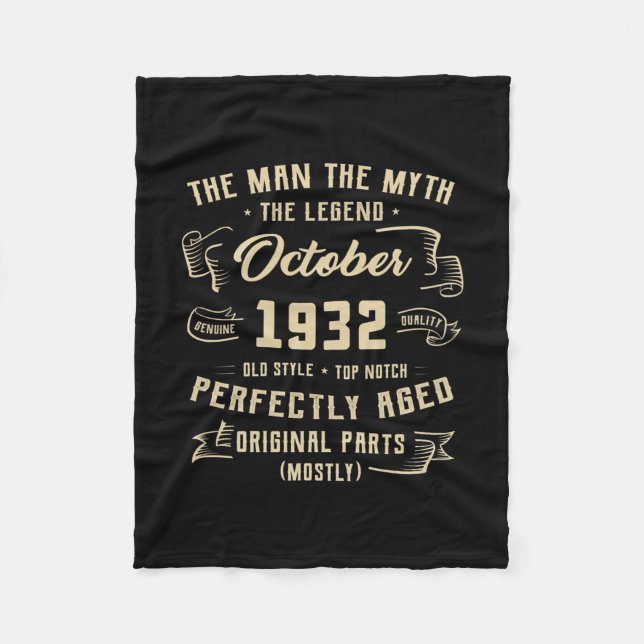 Mens Man Myth Legend October 1932 90th Birthday Fleece Blanket (Front)