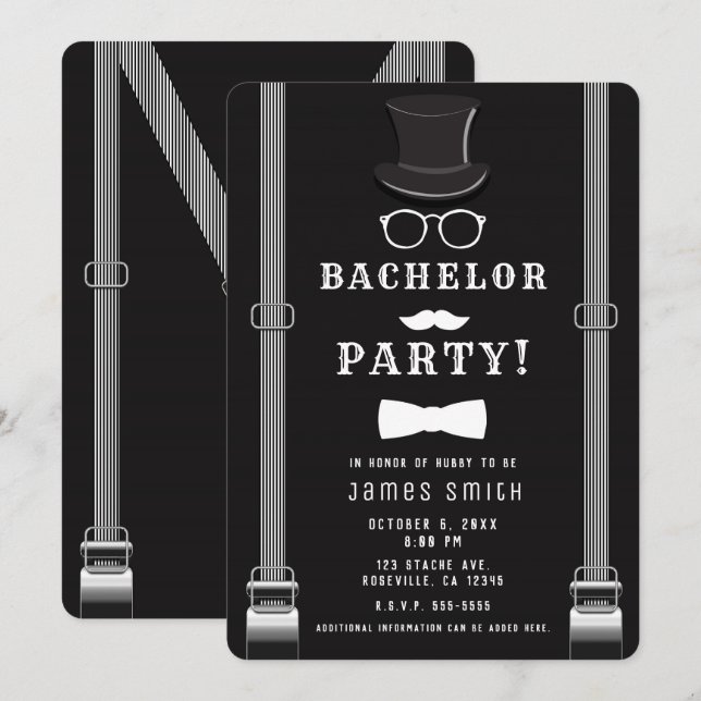 Men's Man's Bachelor Party Hipster Suspenders Invitation (Front/Back)