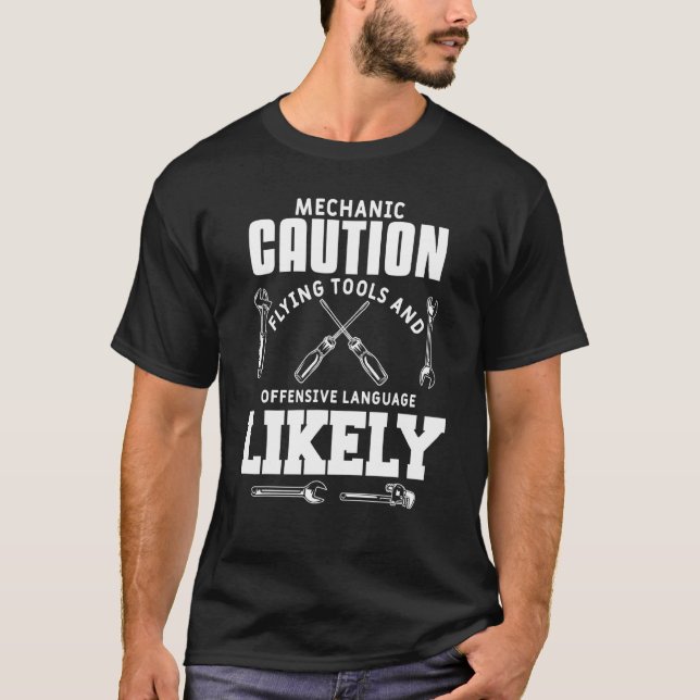 Mens Mechanic Caution Car Auto Mechanical Engineer T-Shirt (Front)