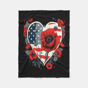 Mens Memorial Day Red Poppy Flower Usa Heart Flag Fleece Blanket