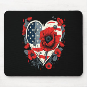 Mens Memorial Day Red Poppy Flower Usa Heart Flag Mouse Pad
