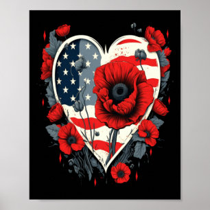 Mens Memorial Day Red Poppy Flower Usa Heart Flag Poster