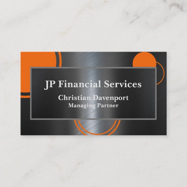 Men's Modern Metallic Black Orange Abstract Business Card (Front)