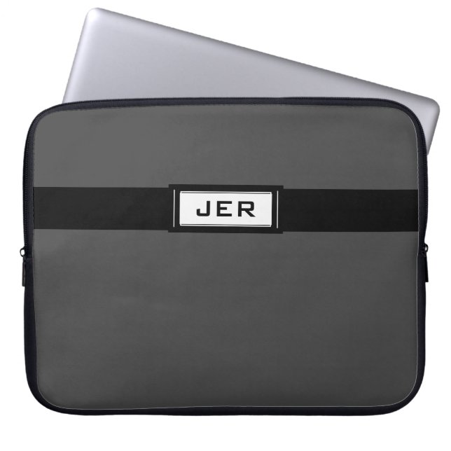 Men's Modern Monogrammed Initials Grey Black Cool Laptop Sleeve (Front)