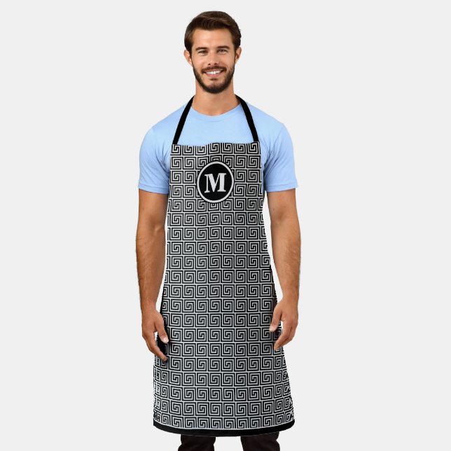 Mens Monogram Black Greek Key Meander Pattern Apron (Worn)