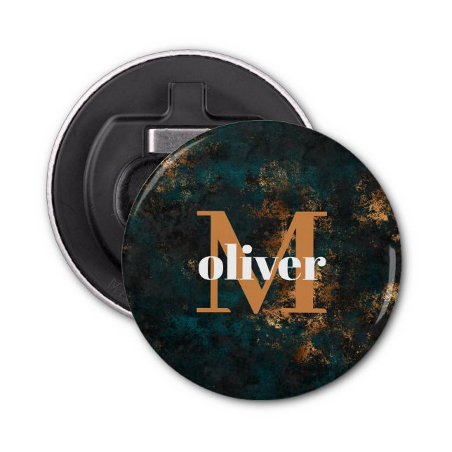Men's Monogram Gold And Navy Teal Bottle Opener (Front)