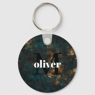 Men's Monogram Gold And Navy Teal  Key Ring