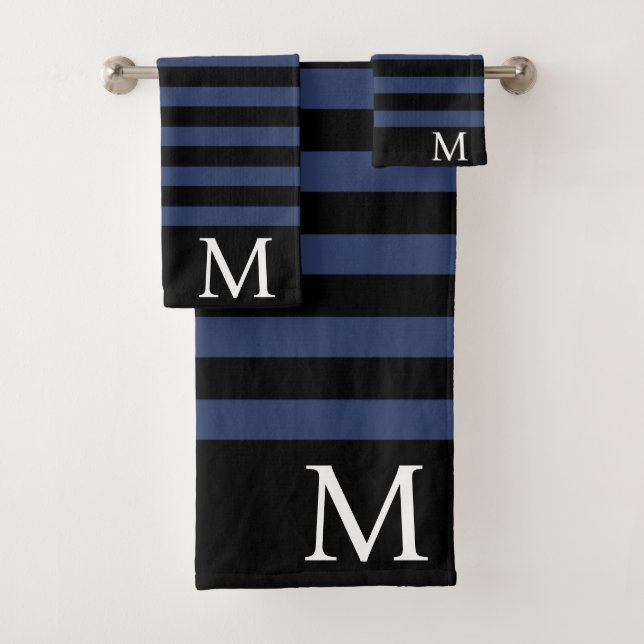 Men's Monogram Initial Black and Blue Stripes Bath Towel Set (Insitu)