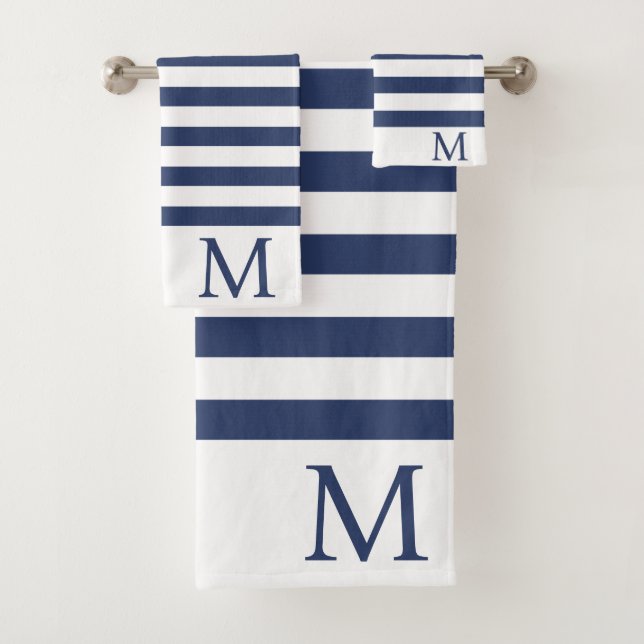 Men's Monogram Initial Blue and White Stripes Bath Towel Set (Insitu)