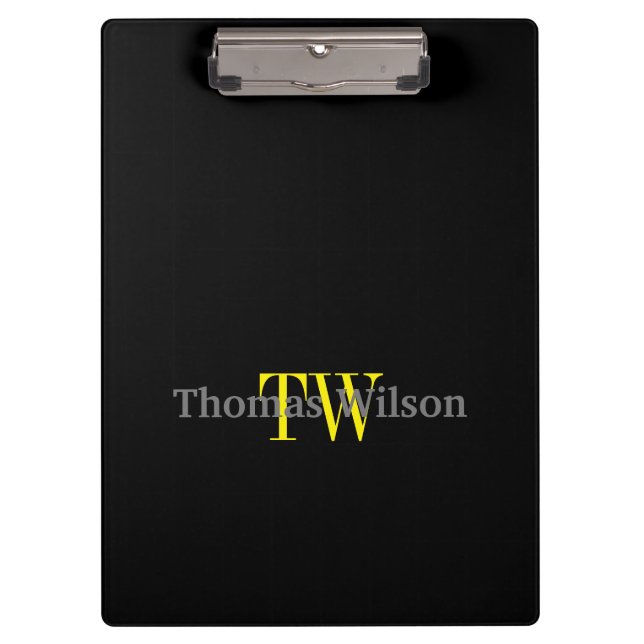 Men's Monogram Modern Minimalist Black & Grey Clipboard (Front)
