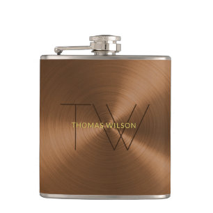 Men's Monogram Modern Minimalist Bronze Gold Metal Hip Flask