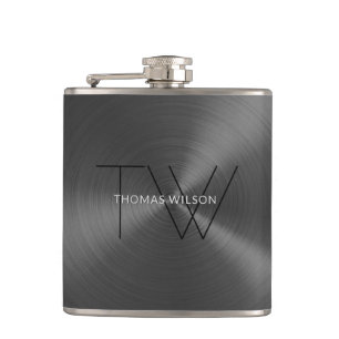 Men's Monogram Modern Minimalist Gunmetal Grey Hip Flask