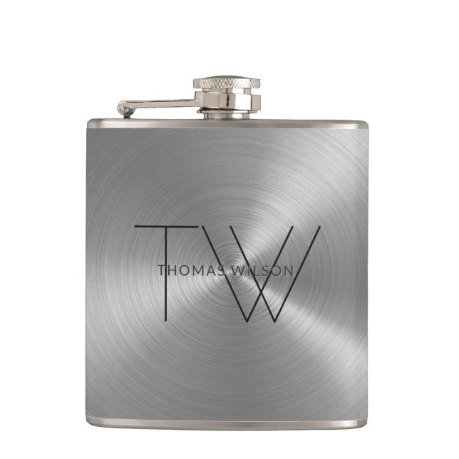Men's Monogram Modern Minimalist Pewter Grey Hip Flask (Front)