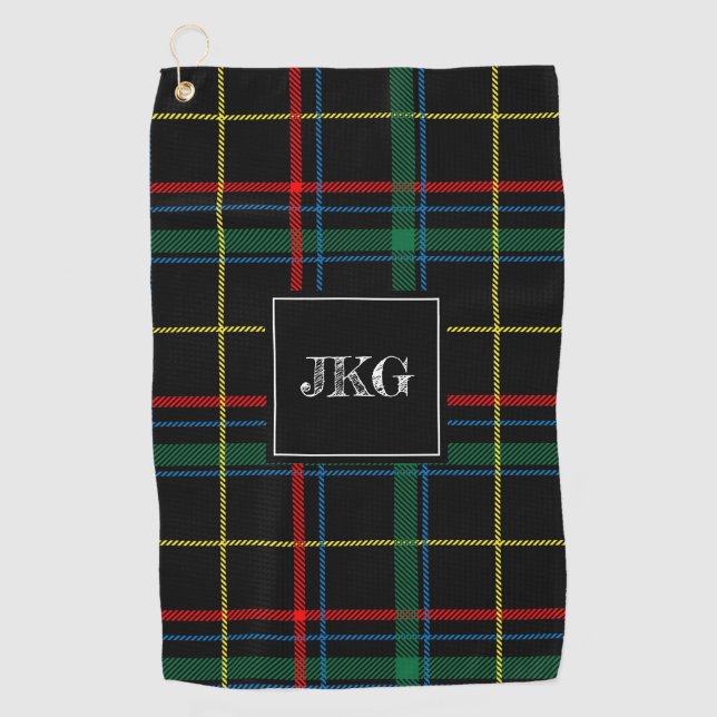 Men's Monogrammed Modern Black Green Plaid Check Golf Towel (Front)