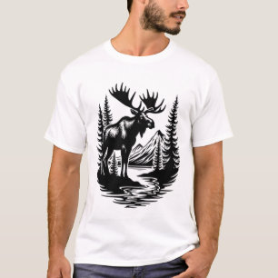 mens moose pine trees print t shirt casual....