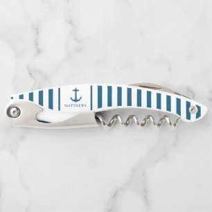Men's Navy Blue Anchor Custom Monogram Waiter's Corkscrew