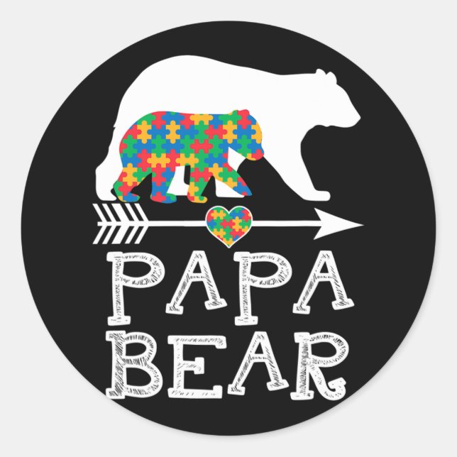 Mens Papa Bear Autism Men Father Daddy Autism Awar Classic Round Sticker (Front)