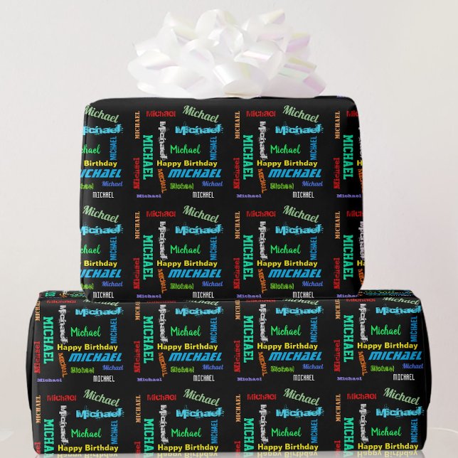 Men's Personalise Repeating NAME Happy Birthday Wrapping Paper (Creator Uploaded)