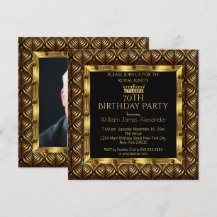 Mens Photo 70th Birthday Party Crown Gold Art Deco Invitation