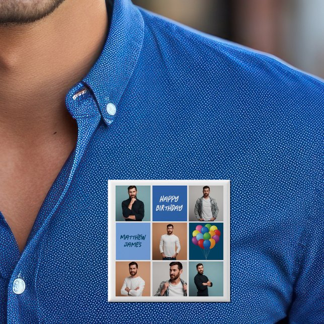 Mens Photo Collage Custom Blue Birthday Party 15 Cm Square Badge (Creator Uploaded)