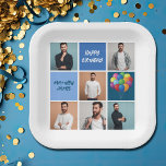 Mens Photo Collage Custom Blue Birthday Party Paper Plate<br><div class="desc">Cool custom birthday party paper plates with a 6 photo template collage of a man and his name on the blue squares next to fun balloons. Cute personalised Happy Birthday decor for a boy or teen.</div>