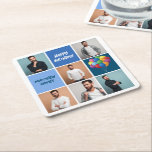Mens Photo Collage Custom Blue Birthday Party Square Paper Coaster<br><div class="desc">Cool custom birthday party paper coasters with a 6 photo template collage of a man and his name on the blue squares next to fun balloons. Cute personalised Happy Birthday decor for a boy or teen.</div>