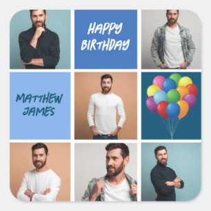 Mens Photo Collage Custom Blue Birthday Party Square Sticker