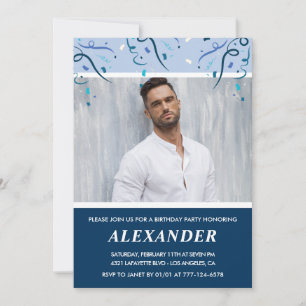 Mens Photo Navy Blue 44th birthday invitations