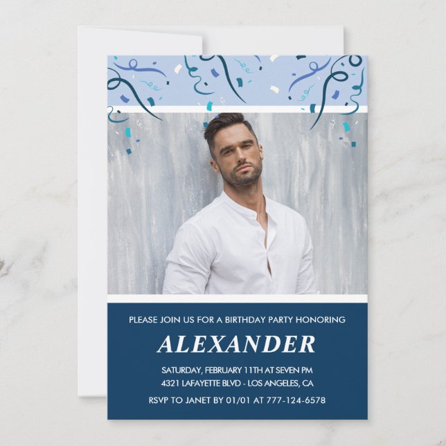 Mens Photo Navy Blue 48th birthday invitations  (Front)