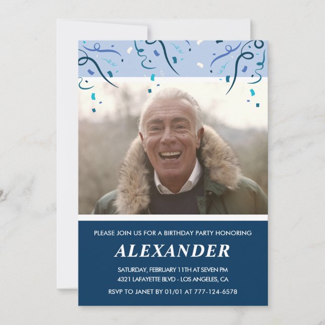 Mens Photo Navy Blue 73rd birthday Invitation (Front)