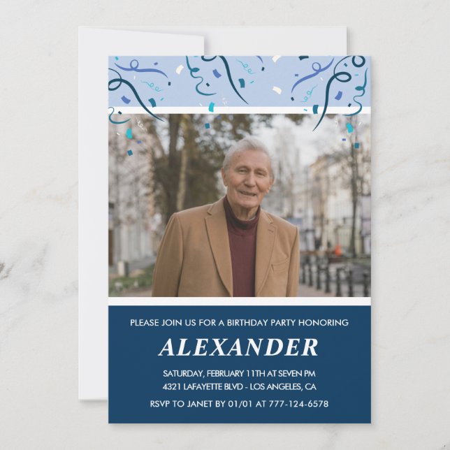 Mens Photo Navy Blue 91st birthday Invitation (Front)