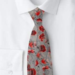 Men's Poppy Red on Grey Botanical   Tie