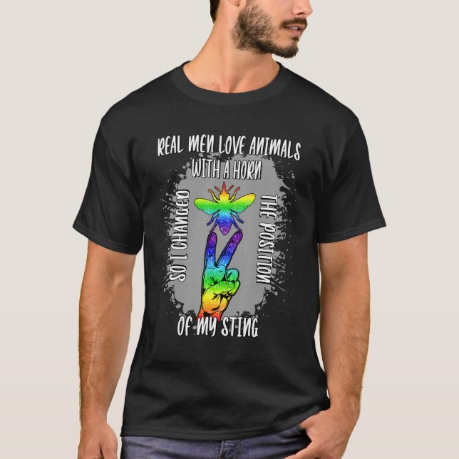 Mens Real Men Pride LGBTQ Bees Funny Gay Rainbow B T-Shirt (Front)