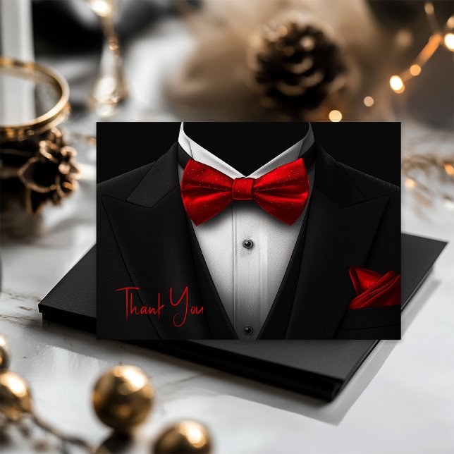 Mens Red Black Tuxedo Birthday Party Thank You Card (Mens red and black thank you cards with elegant tuxedo. Add your printed message or leave blank.)