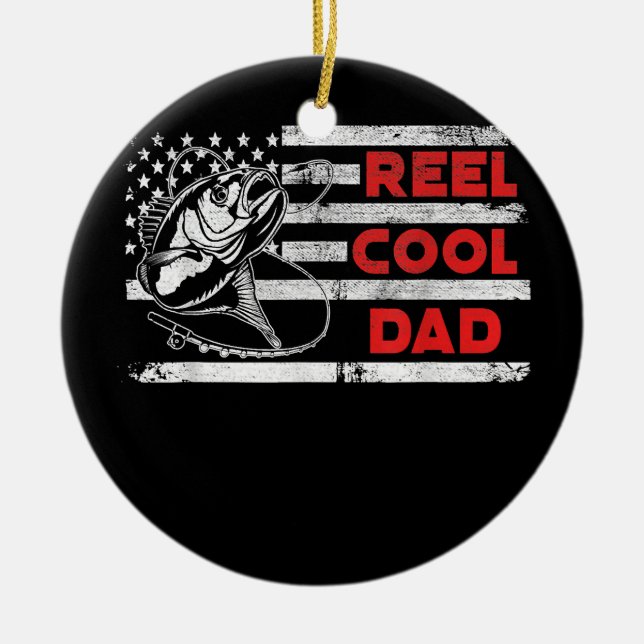 Mens Reel Cool Dad American Flag Fishing Fathers Ceramic Ornament (Front)
