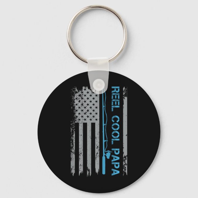 Mens Reel Cool Papa Fishing Us Flag Patriotic 4th  Key Ring (Front)
