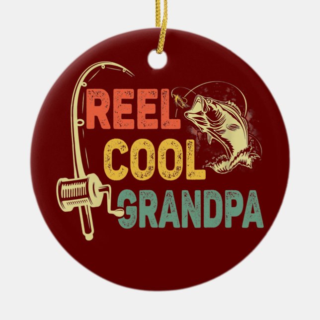 Mens Reel Cool Poppy Fishing Grandpa Father's Day Ceramic Ornament (Front)