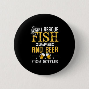Mens rescue fish from water and beer from bottles 6 cm round badge