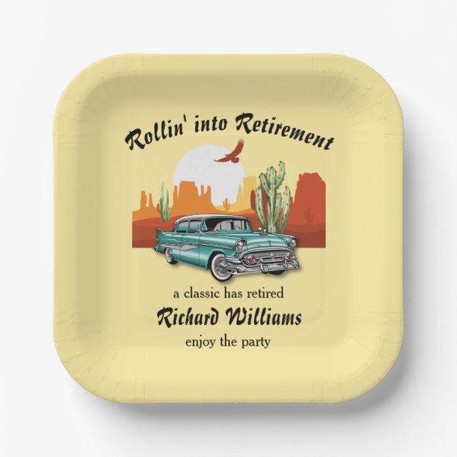 Men's Retirement Retro Classic Blue Car Desert  Paper Plate (Front)