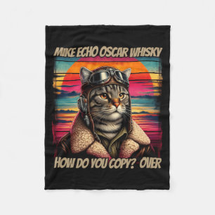 Mens Retro Cat Pilot Mike Echo O Whisky Meow Fleece Blanket