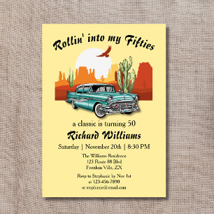 Men's Retro Classic Blue Car Desert 50th Birthday Invitation