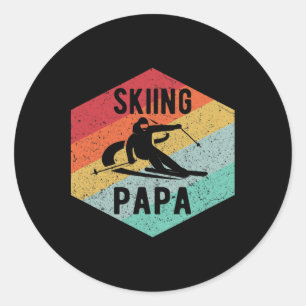 Mens Retro Skiing Papa 70's Skiers Ski Gift Classic Round Sticker