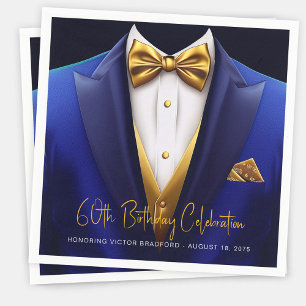 Mens Royal Blue Gold Tuxedo Birthday Party Napkin