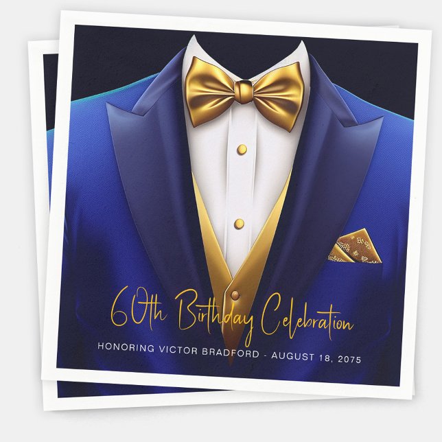 Mens Royal Blue Gold Tuxedo Birthday Party Napkin (Mens royal blue gold birthday party napkins and any occasion or event. Simply add your details.)