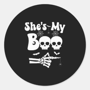 Mens she’s boo skeleton couples matching couple classic round sticker